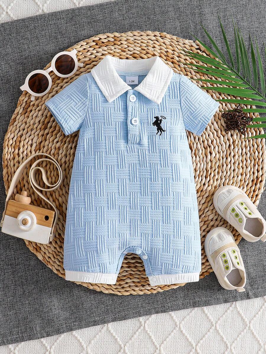 Bộ áo liền quần tay ngắn cổ polo cho bé sơ sinh và trẻ nhỏ mùa xuân/hè, màu xanh nhạt, họa tiết thêu, cổ áo, kiểu dáng thường ngày. - Màu xanh lam - Xem 1
