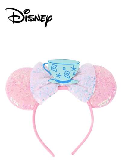 Disney 1pc Pink + Light Pink + Blue Cup Pattern Sequin Headband, Festive Party Headpiece, Fun Photo Prop, Suitable For Birthday Party, Easter Event, Cute Cartoon Bow Hair Accessory, Princess Costume Decor, Suitable For Fans