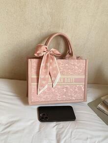 1个（11英寸*7.9英寸*3.9英寸）时尚女士手提包，大容量，方形，轻便，饰有优雅丝巾，采用耐刮擦耐磨材质，适合购物、约会、聚会、通勤，字母图案，优雅简约休闲灰粉色女士托特包 - 粉色 - 查看 8