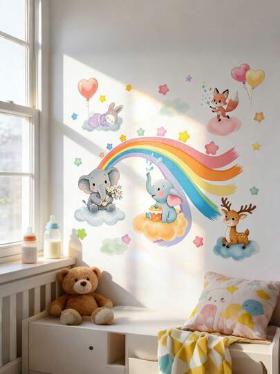 云朵、大象、彩虹、星星墙贴，适用于儿童房、女孩卧室、婴儿房装饰，自粘墙纸