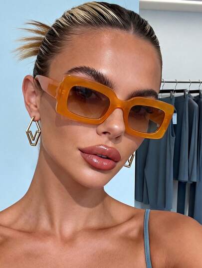 1 Pair Unisex Orange Rectangular Retro Casual Beach Fashion Glasses, Suitable For Beach And Nightclub Parties, Elegant, Beach Accessories, Women's Beach Accessories, Basic Autumn/Winter Women's Wear, Business Casual Attire, Gifts, Chains, Elegant Outfit