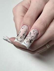 Upgrade Your Look, 24pcs Full Coverage Matte White French Manicure Fake Nails With Black Line Floral Pattern, Minimalist, Fashionable, Retro, Elegant, Romantic Style Press-On Nails - Black and White - View 2
