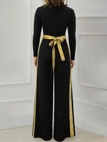 Women's Fashionable, Elegant, Versatile Contrast Color Long Sleeve Jumpsuit For Daily Wear - Black - View 8