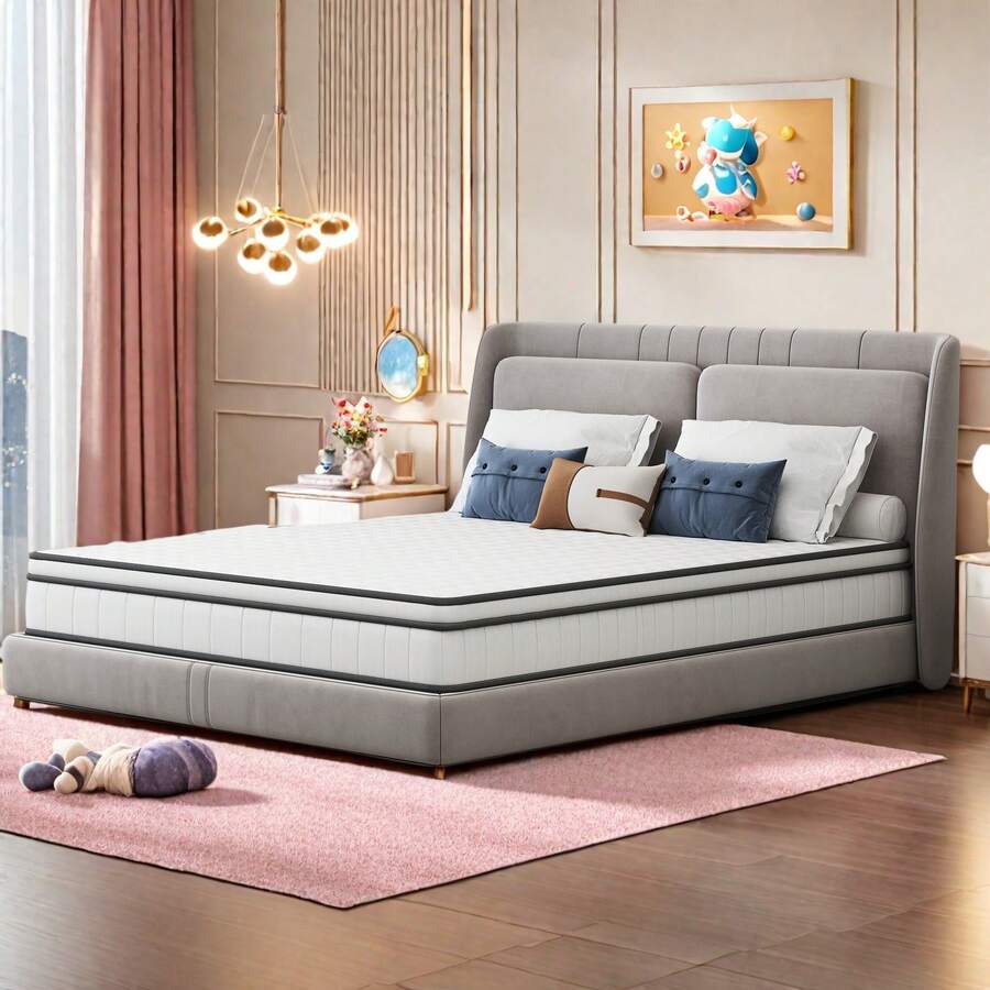 FEEOHOME Matelas respirant 140x190x25 cm, matelas hybride épais avec mousse ondulée et protection des bords, soutien ergonomique à ressorts, matelas hybride confortable avec maille 3D - Blanc - Voir 1