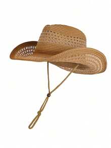 1pc Fashionable Panama Cowboy Straw Hat, Bohemian Style Beach Sun Hat, Windproof Casual Hat For Vacation, Back To School Season, Random Color Brim Rope, Suitable For Holiday Travel - A - View 3