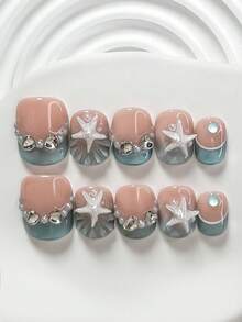 10片裝清新法式航海風 Polygel 壓貼美甲套組，壓克力穿戴甲，藍色迷你泡泡珠、藍色貓眼美甲，基礎百搭款，含美甲工具，3種尺寸可選，方型、短方型、杏仁型，適合派對、舞蹈、日常穿戴，手工製作 - 彩色 - 查看 14