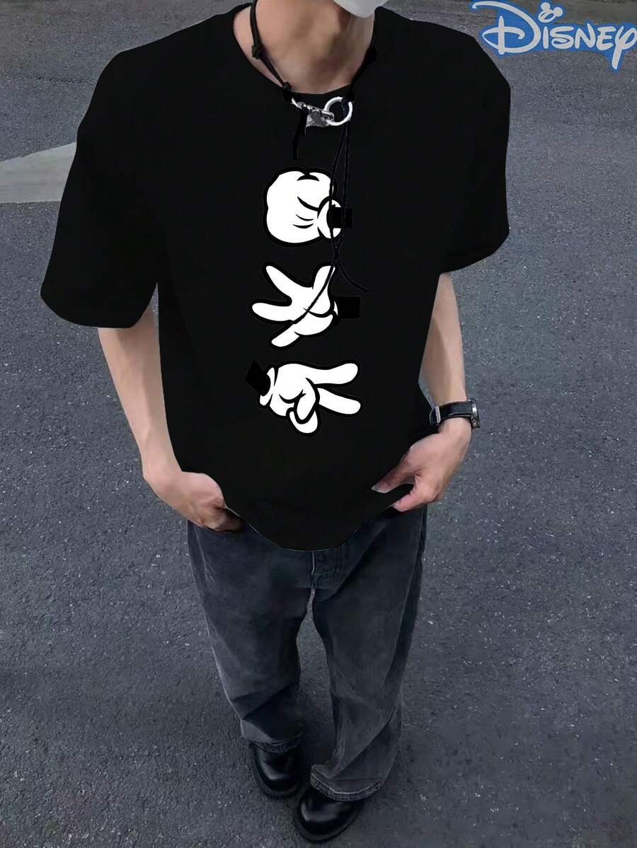 Disney Mickey Mouse Birthday Gift Short-Sleeved Men's Summer T-Shirt, Distressed Effect, One-Piece Design, Pure Cotton Fabric, Comfortable And Breathable, Casual Outdoor Street Style, Crew Neck; A High-Quality Fashion Brand, It Is An Ideal Surprise Gift For Family And Friends. - 黑色 - 查看 1