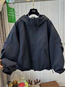 Áo khoác gió dáng rộng có mũ dành cho nữ, thích hợp cho mùa xuân/thu, kiểu áo bomber ngắn thời trang đa năng với thiết kế tôn dáng, màu đen. - màu đen - Xem 8