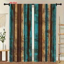 2pcs Weathered Distressed Vertical Wooden Planks Curtains, Teal Turquoise Tan And Chestnut Colors Vintage Rustic Pattern, Polyester Fabric, Light Filtering Privacy Drapes, Industrial Farmhouse Style For Bedroom Living Room Decor, 2D Flat - 彩色 - 查看 5