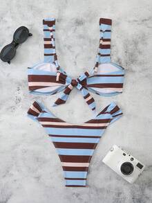 Bộ bikini sang trọng, thanh lịch, kẻ sọc, gợi cảm, kiểu dáng thường ngày, trang trí bằng vòng kim loại, thiết kế viền tương phản, thích hợp cho bãi biển, kỳ nghỉ, tiệc tùng. - Nhiều màu - Xem 3
