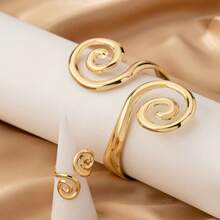 1 Set/2pcs Exaggerated Fashion Creative Design Elegant Metal Smooth Spiral Asymmetric Bracelet + Ring Jewelry Set, Suitable For Women's Daily Versatile Wear - Yellow Gold - View 4