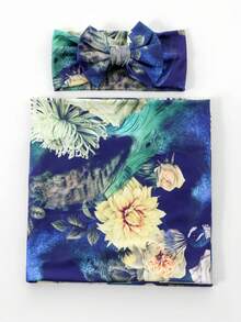 Receiving Blanket Headband Set Flower Print Baby Swaddle Blankets - Navy Blue - View 2
