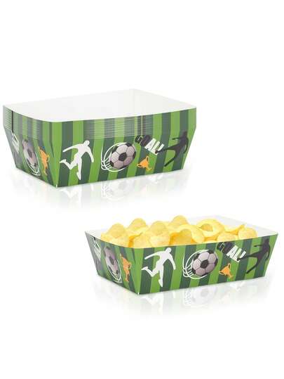 10pcs/20pcs/30pcs Soccer Paper Food Trays, White And Green Football Serving Trays Food Boats For Sports Party Decoration Favors, Disposable Paper Plates For Sports Theme Birthday, Snack Bar