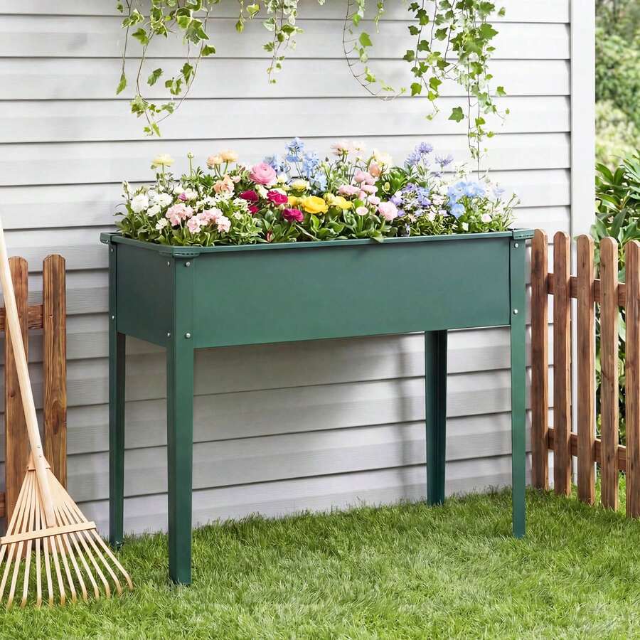 1 PCS Raised Garden Bed, Elevated Metal Planter Box With Legs And Drainage Holes Green - B - View 1