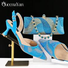 QueenYan 女款尖頭晚宴鞋包套組 極簡時尚高跟涼鞋搭配長款硬挺手拿包 - 天藍色 - 查看 1