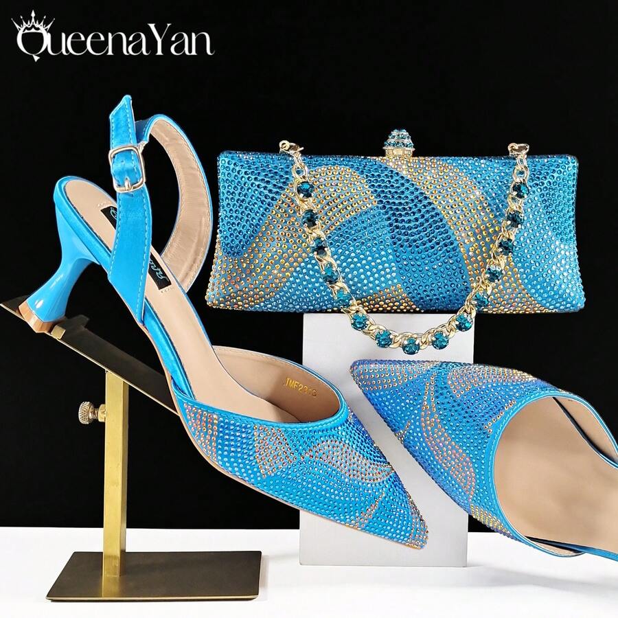 QueenYan 女款尖頭晚宴鞋包套組 極簡時尚高跟涼鞋搭配長款硬挺手拿包 - 天藍色 - 查看 1