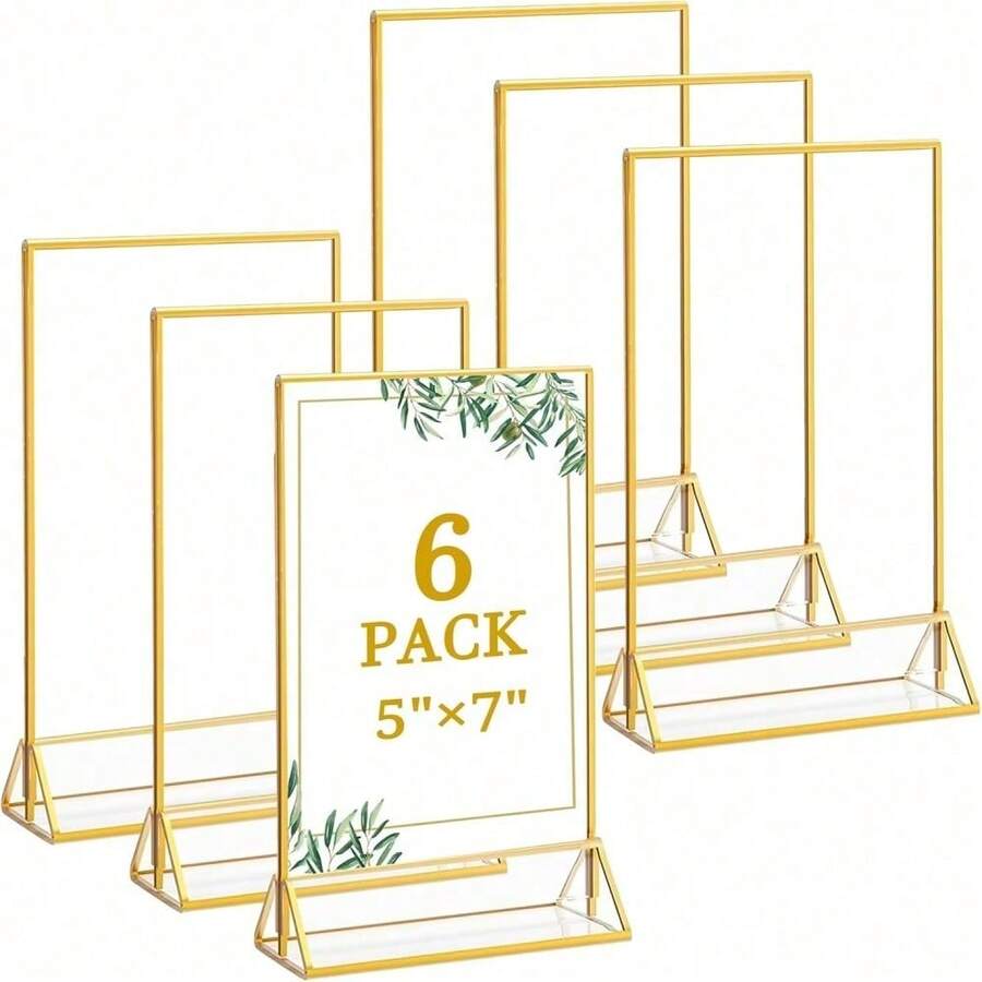 6pcs Acrylic Display Stand, 5"X7" Double-Sided Gold Photo Frame, Gold Vertical Table Number Holder, Wedding Office Restaurant Party Table Card Menu Display Rack