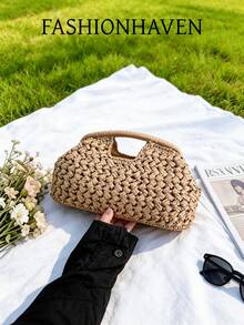 Túi xách nữ kiểu vintage đính vỏ sò, túi đi biển mùa hè thanh lịch làm thủ công. - Màu Khaki - Xem 9