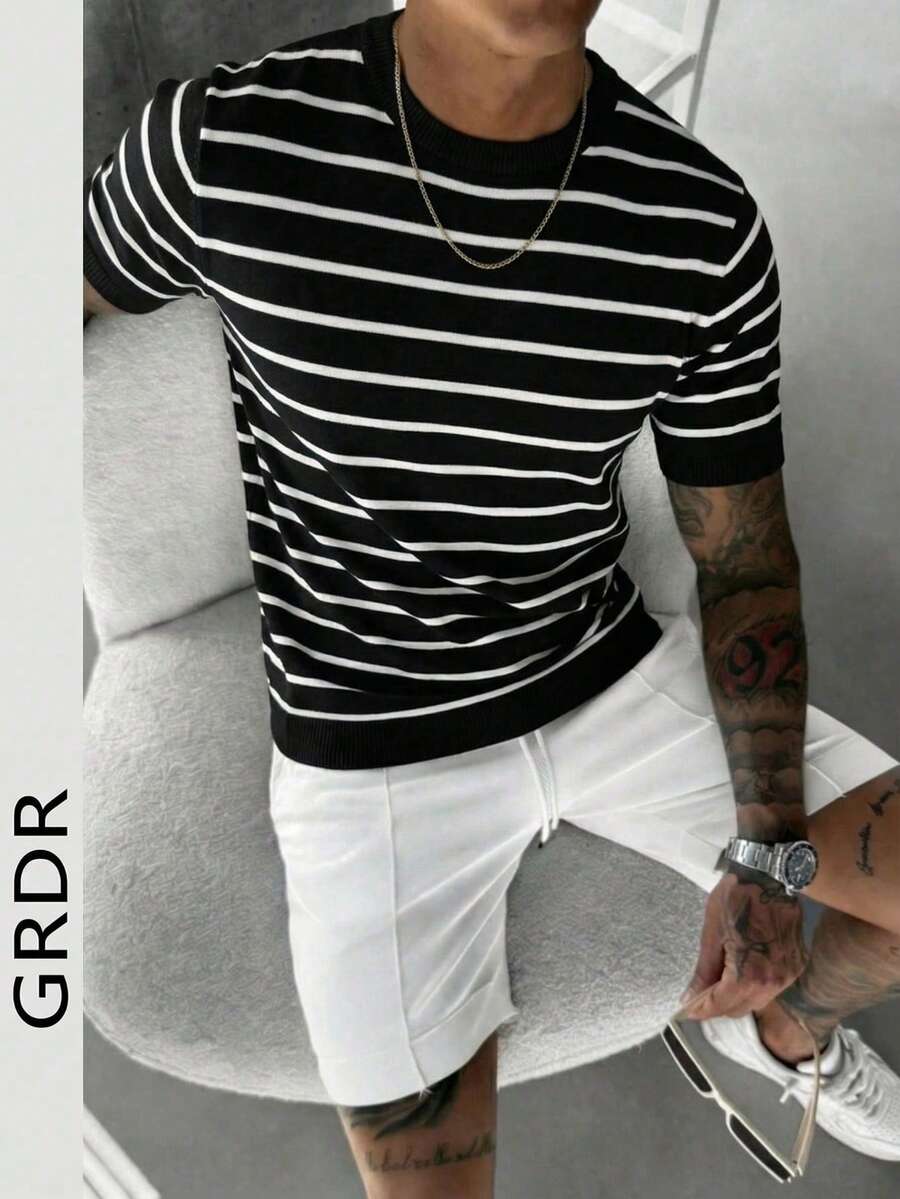 GRDR 男士极简条纹基础款圆领短袖针织衫，春夏款 - 黑色 - 查看 1