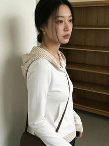 Korean Style Striped Patchwork Button Hoodie Long Sleeve T-Shirt Top For Women, Autumn/Winter Casual White Spring - White - View 5