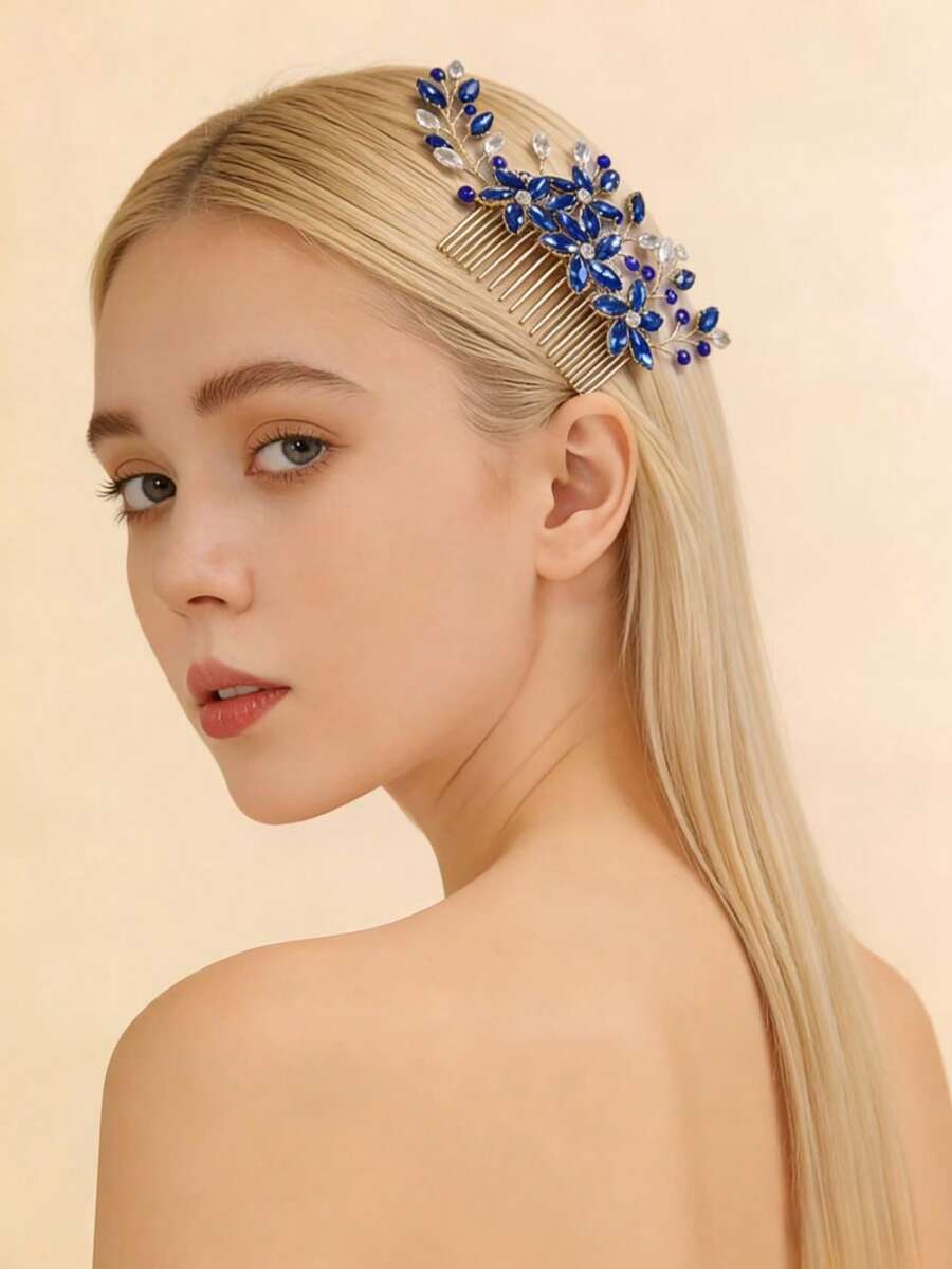 1 pieza Peine de cabello con cristal azul real y strass, accesorio de cabello nupcial con strass dorado - azul real - Ver 1