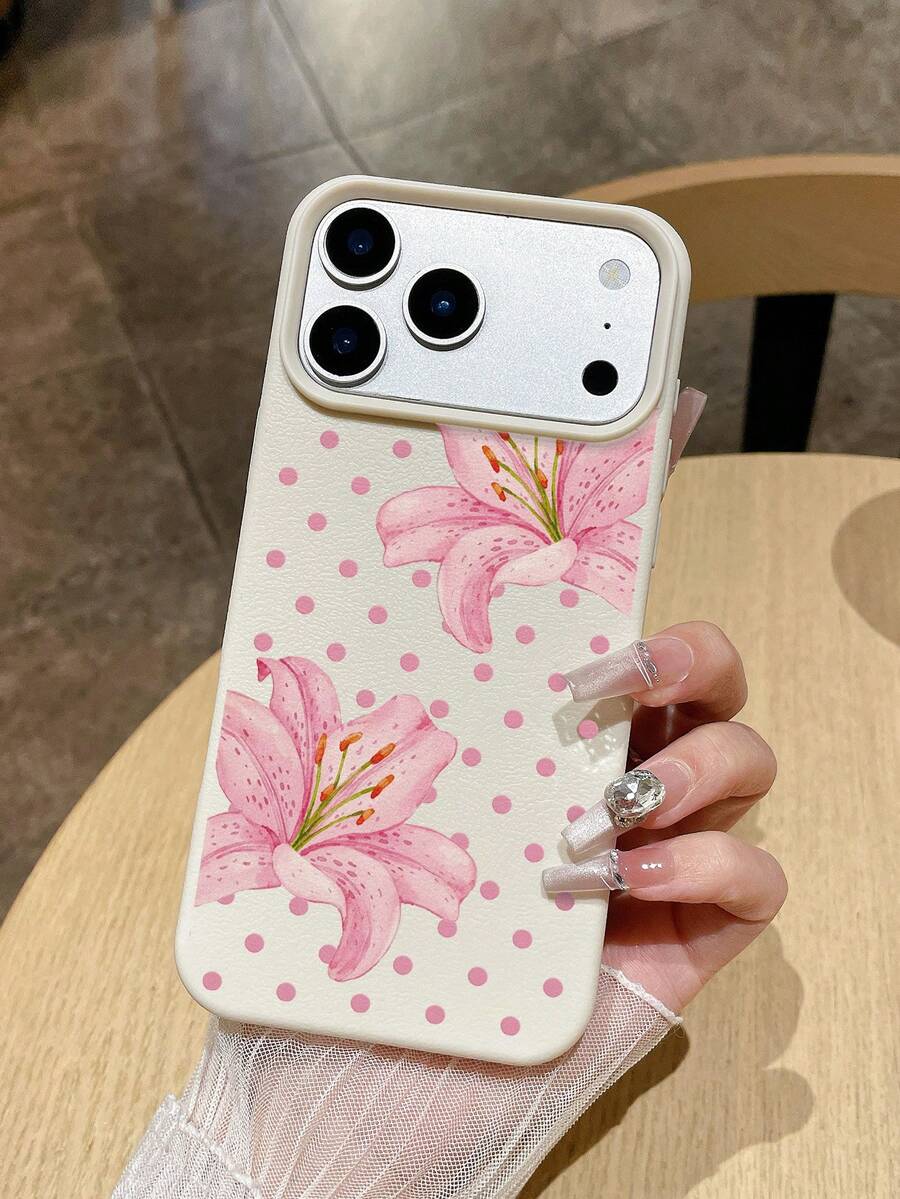 Ins Style Pink Lily Flower With Fine Pink Polka Dots, High-Quality Matte White Leather Texture Shockproof Anti-Scratch Non-Slip Phone Case, Compatible With IPhone & Galaxy - White - View 1