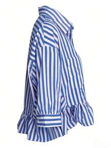 Women's Striped Casual Vacation Button-Front Loose Blouse, Spring/Summer - Mint Blue - View 4
