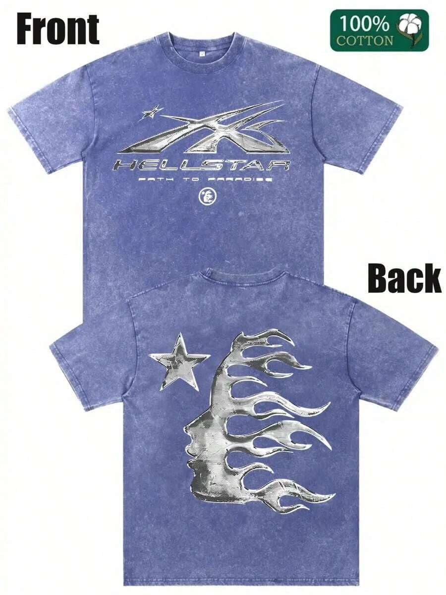 Men's Printed Pattern Washed T-Shirt - Casual Loose Summer T-Shirt With Star And Flame Design, Adult Brown 100% Pure Cotton Round Neck Shirt, Breathable T-Shirt | Avant-Garde Casual Wear | 100% Pure Cotton Printed T-Shirt - 藍色 - 查看 1