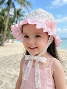 1顶白色蕾丝花童遮阳帽，透气防紫外线公主风刺绣儿童帽 - 1PC - 查看 10