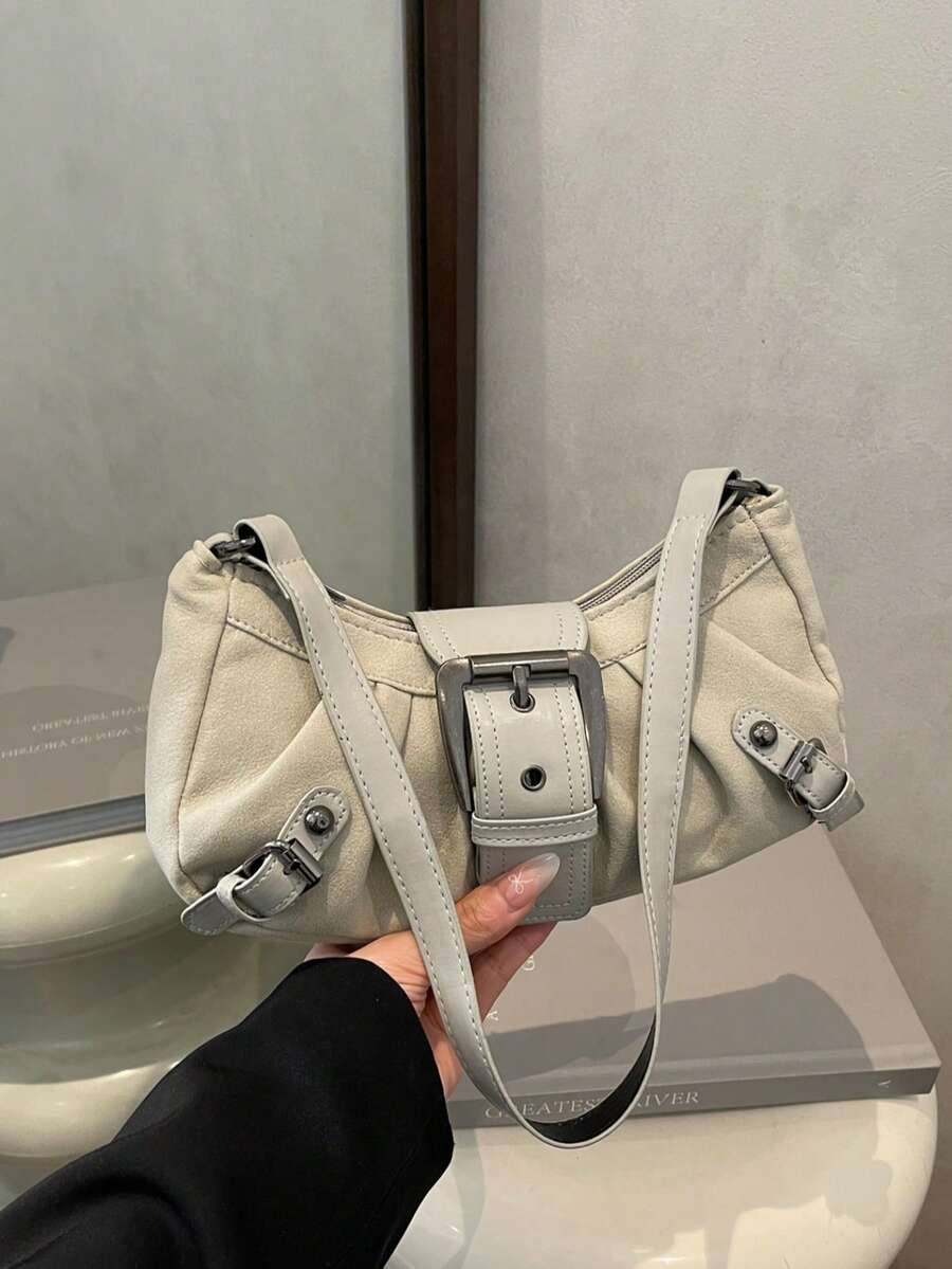 Sac à bandoulière polyvalent rétro avec décoration de ceinture et fermeture éclair sous les bras, nouveau petit sac à bandoulière  PU de couleur unie pour femmes - Blanc - Voir 1