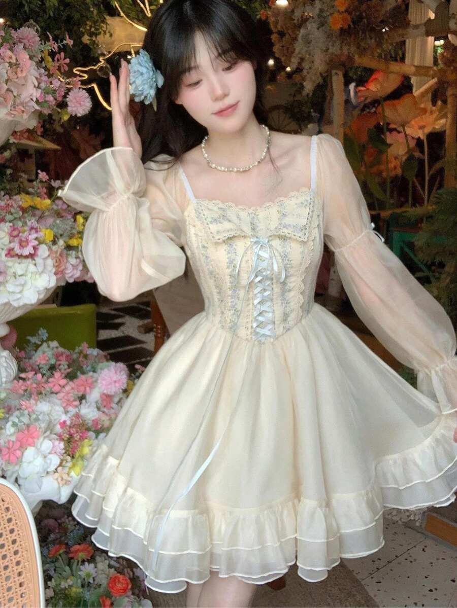 Cute School-Style White Puff Sleeve Shirt Dress For Summer. A Slimming, Short Dress With A Waistband. Wanpiece Cami Dress. Wanpiece Women's. - 杏色 - 查看 1