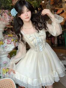 Cute School-Style White Puff Sleeve Shirt Dress For Summer. A Slimming, Short Dress With A Waistband. Wanpiece Cami Dress. Wanpiece Women's. - 杏色 - 查看 3