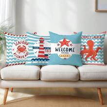 4件套夏季海洋航海灯塔螃蟹章鱼卡通图案抱枕套，单面柔软桃皮绒材质，45*45厘米枕套，适合房间装饰、室内沙发客厅装饰、派对装饰，装饰抱枕套礼品 - 彩色 - 查看 8