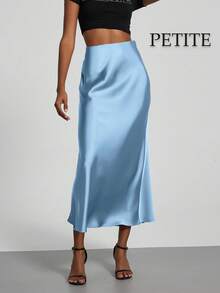 Se-Helo Women's Versatile Commuter Satin Elastic Waist Midi Skirt, Suitable For All Seasons, Petite Friendly Spring - Glacier Blue - View 2