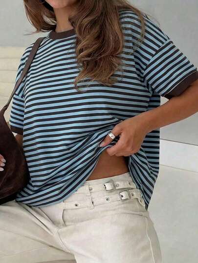 Vaiaye Women's Loose Round Neck Casual T-Shirt, Striped Patchwork Minimalist Fitted Contrast Color Short Sleeve T-Shirt, Suitable For Daily Wear, Work Commute, Home