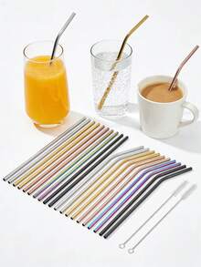 20支装可重复使用不锈钢吸管套装，金属直管和弯管，带清洁刷，适用于奶茶、咖啡和冰沙。 - 查看 1