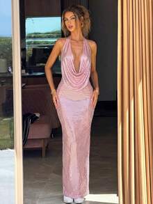 优雅性感针织露背深V领无袖派对连衣裙 - 粉色 - 查看 1