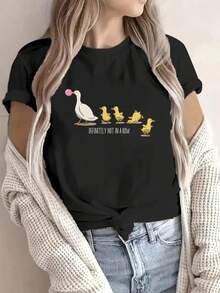 Fashionable Casual Printed Pattern Women'S Round Neck-Shirt With Quirky Ducks Definitely Not In A Row - Black - View 6