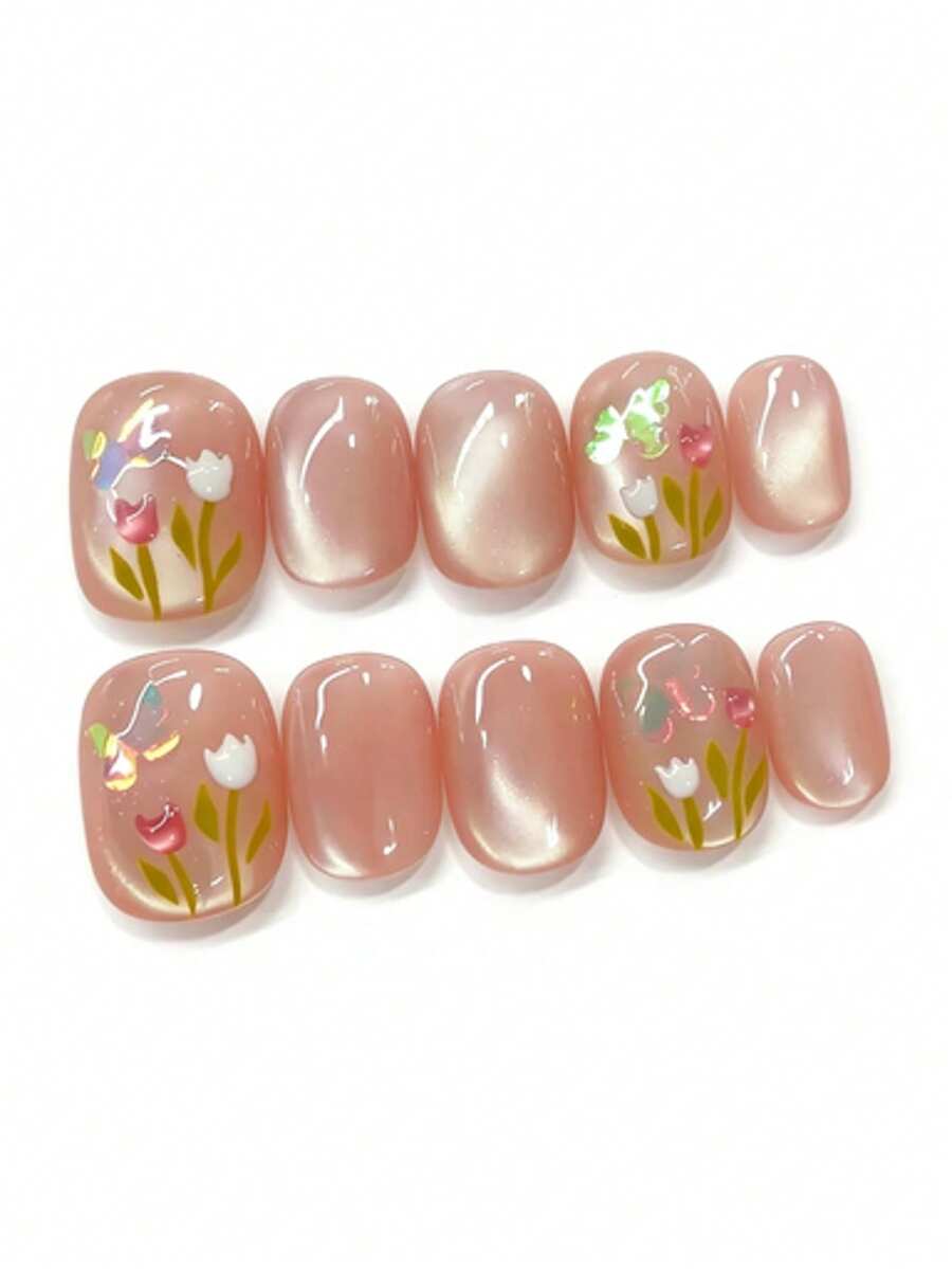 10pcs It's Named Pink Begonia Butterfly Whisper. This Manicure Features A Soft Palette Of Milky Pink And Pearlescent Nude, With Hand-Painted Tulip Motifs, Iridescent Shell Butterfly Accents, And Glossy Cat-Eye Highlights. The Finish Catches Light Like A Butterfly Resting On A Pink Tulip Petal, Creating A Sweet, Spring-Like Vibe That's Both Gentle And Lively - Baby Pink - View 1