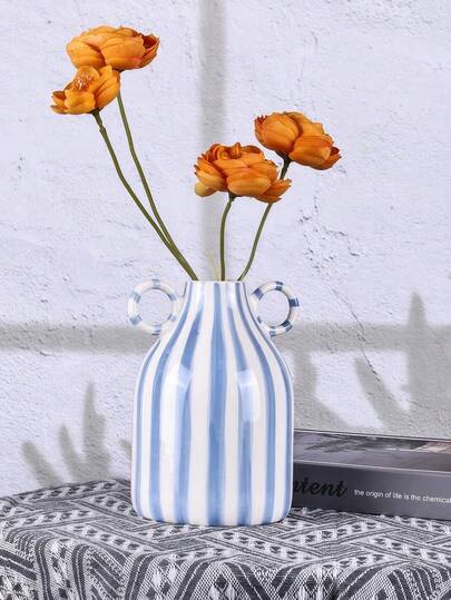 1pc Black & White Striped Ceramic Vase, Hand-Painted Modern Minimalist Boho Style Decor, Suitable For Dining Table, Kitchen Counter, Bookshelf, Bedroom, Mother's Day Gift