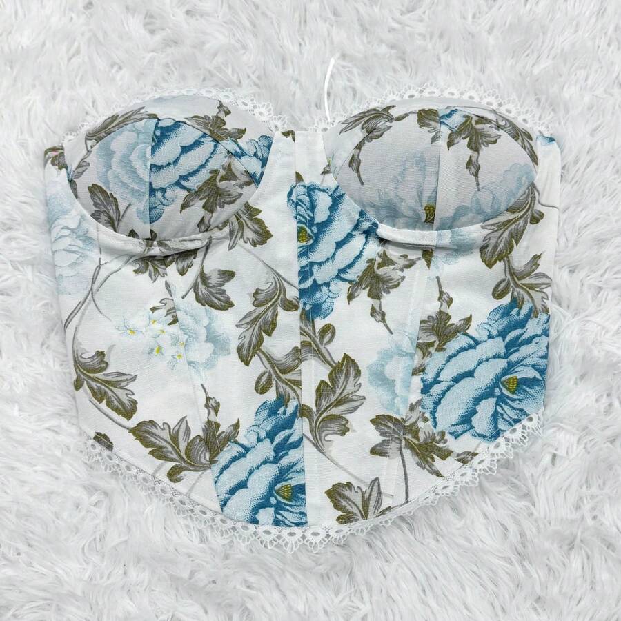 WO Cropped Corset Floral Tomara que Caia Amarração traseira sexy - Verde Menta - Visão 1