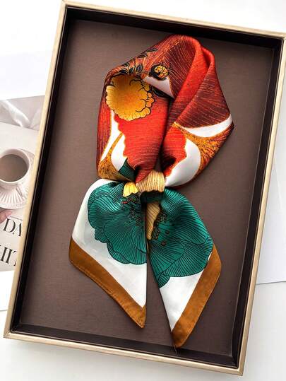 1 ชิ้น 2026 ฤดูใบไม้ผลิ/ฤดูร้อน แฟชั่นภาพวาดสีน้ำมันระดับไฮเอนด์ พิมพ์ลายใบแปะก๊วย ผ้าพันคอสี่เหลี่ยม 65*65 ซม. ใช้งานได้หลากหลายสำหรับกลางแจ้ง, ถ่ายภาพ, ออกเดท, การแสดง, ของขวัญวันหยุด