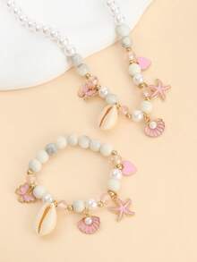 两件套优雅仿珍珠串珠手链项链套装，配有树脂贝壳、粉色海星、心形和蝴蝶吊坠，适合女孩日常佩戴、节日、派对等场合，也是一份精美的珠宝礼物。 - 彩色 - 查看 7