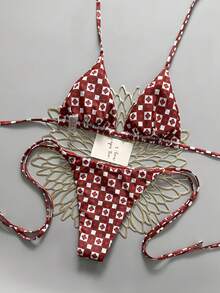 Conjunto de bikini de 2 piezas con estampado geométrico para mujeres, estilo europeo y americano, para vacaciones y verano en la playa - Burdeos - Ver 2