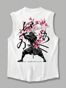 酷炫 | 日本武士美学与东方禅意印花男士背心，简约时尚休闲日常装 - 白色 - 查看 5