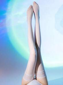 1 Pair Women Lace Silicone Anti Slip Over The Knee Socks, Sexy Oily Thigh Socks, Reflective Long Tube Socks - 黑色 - 查看 3