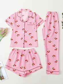 3pcs Women Striped Cherry Print Short Sleeve Top, Shorts & Pants Pajama Set, Casual Comfortable Loungewear For Spring, Summer, Autumn & Winter, Suitable For Home & Outdoor Wear - Pink - View 8