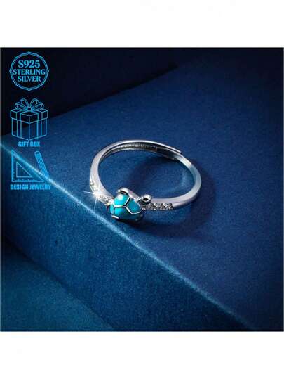 925 Silver Turtle Shaped Adjustable Ring For Women, Inlaid With Zirconia, Personalized Summer Ocean Jewelry