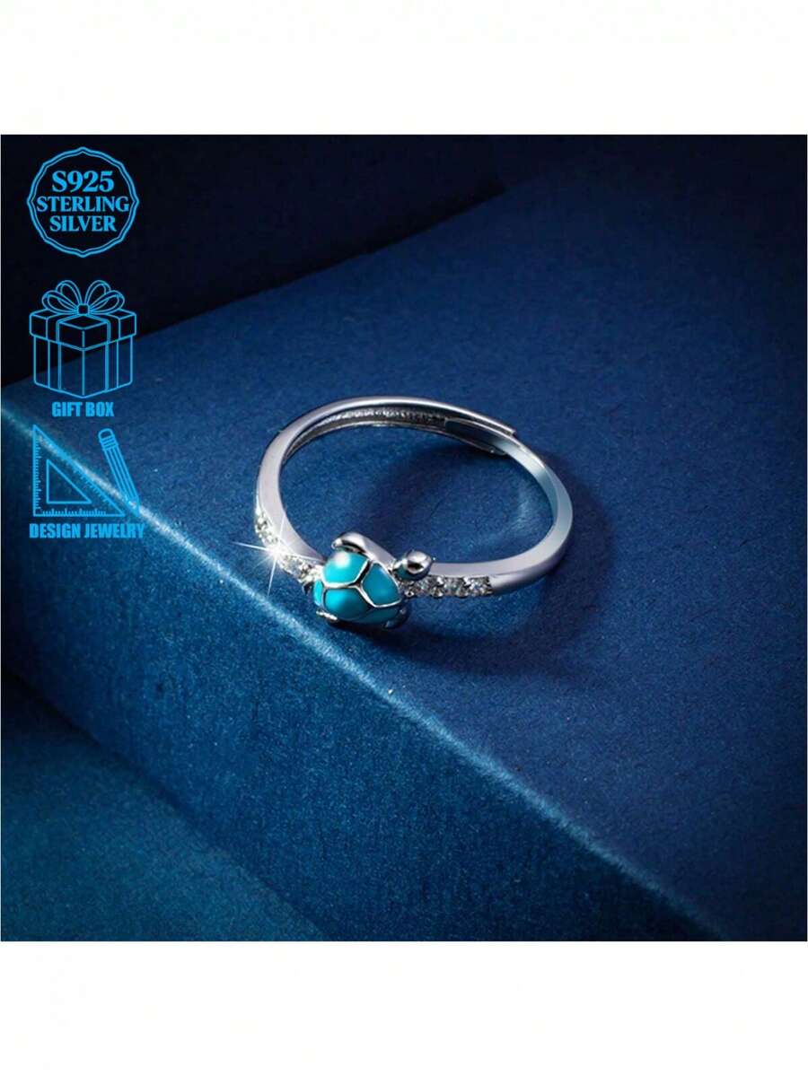 925纯银海龟造型可调节戒指，镶嵌锆石，个性化夏季海洋主题首饰 - 銀色 - 查看 1