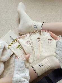 5双装女士波点蝴蝶结荷叶边加厚中筒袜，适合秋冬季穿着 - 彩色 - 查看 6